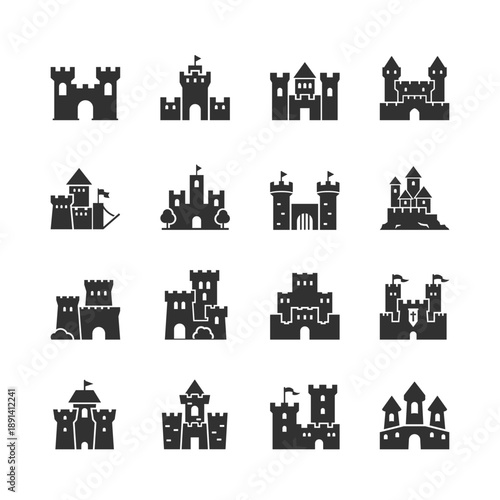 Medieval castle architecture, monochrome icons set. Fortress building, stone castle, historical architecture, ancient stronghold, knight residence, heritage landmark. Black and white symbols style.