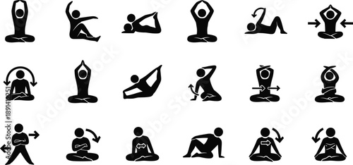 Yoga and Stretching Pose Silhouettes with Directional Arrows for Flexibility, Relaxation, Physical Therapy, and Mindful Movement Routines