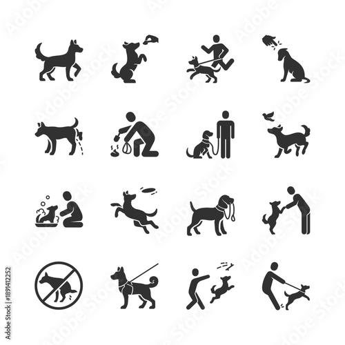 Dog care and walking, monochrome icons set. Pet ownership, dog walking routine, training, feeding, hygiene, behavior control, daily maintenance, responsible pet care. Black and white symbols style.