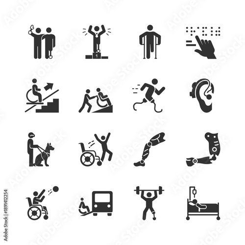 Disability and accessibility support, monochrome icons set. Physical impairment, inclusive environment, assistive technology, healthcare service, equal opportunity. Black and white symbols style.