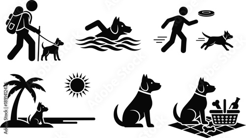 Silhouette Illustrations of Dogs and People Enjoying Outdoor Activities: Hiking, Swimming, Playing Fetch, Beach Relaxation, Sitting, and Picnicking Together