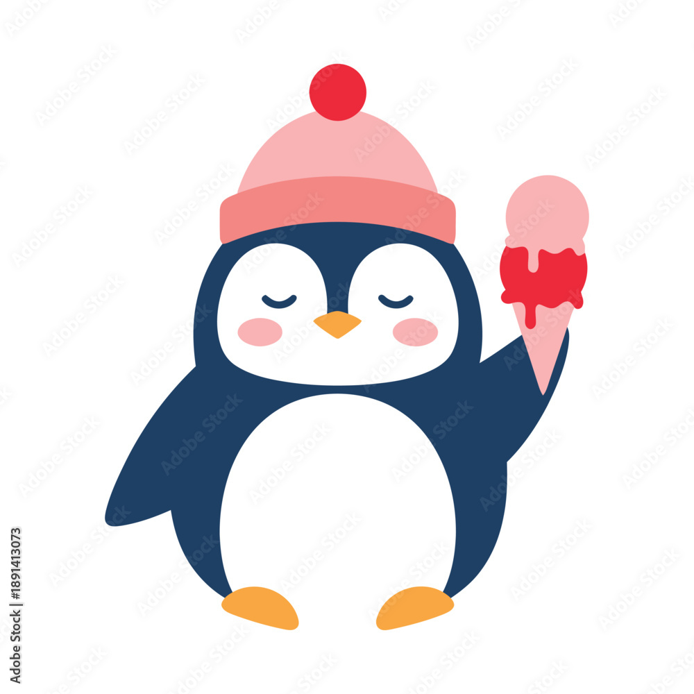 Fototapeta premium Cute cartoon penguin wearing a pink winter hat holding a pink ice cream cone