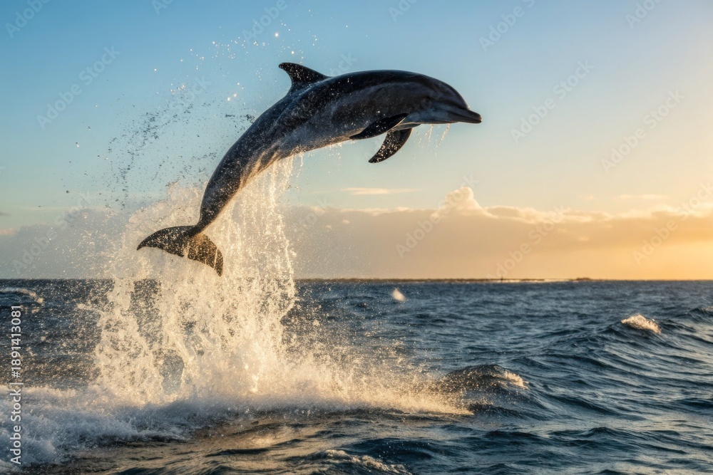 Fototapeta premium A Majestic Dolphin Leaps High From The Ocean's Surface Amidst Exploding Water Sprays At Sunrise