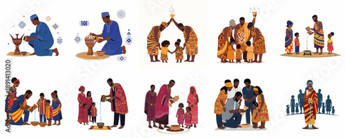 African Libation Rituals: A Collection of Scenes Depicting Family, Ancestors, and Traditional Ceremonies in Various Cultures.