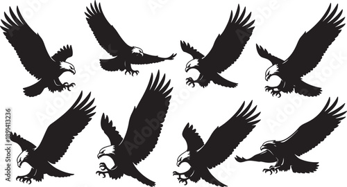 Set of 7 eagle silhouettes vector isolated PNG with Transparent Background