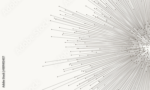 Minimalist radial burst of black lines with dots on light background. Abstract geometric pattern symbolizing data flow, vector field, explosion, or digital network visualization with copy space.