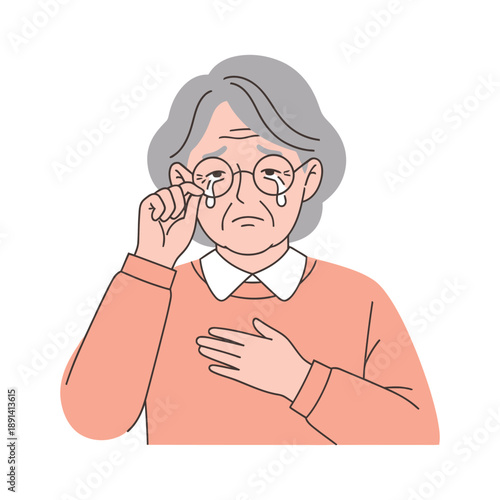 Sad elderly woman wiping tears from her eyes with glasses, illustration of grief and sorrow