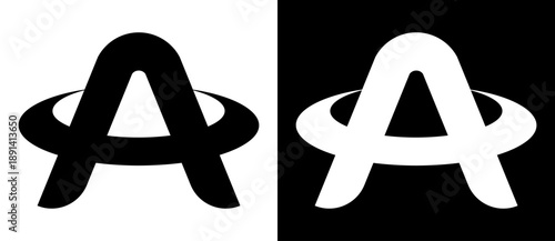 Stylized letter A with a horizontal ring, shown in black on white and mirrored in white on black. Abstract symbol resembling anarchy or planetary icon. Bold, minimalist, symmetrical design.