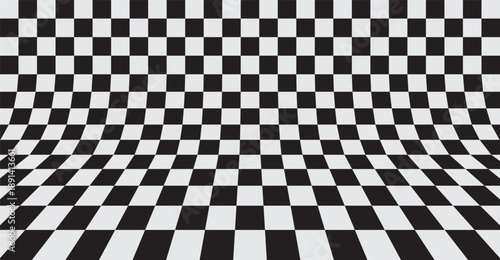 Distorted black and white checkerboard pattern creating an optical illusion of curved depth. Abstract geometric design exploring visual perception, motion, and spatial distortion.