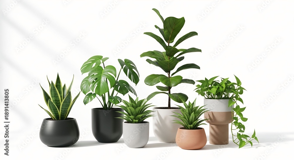 Fototapeta premium Collection of potted houseplants including snake plant and monstera in modern ceramic pots isolated on white background for interior design