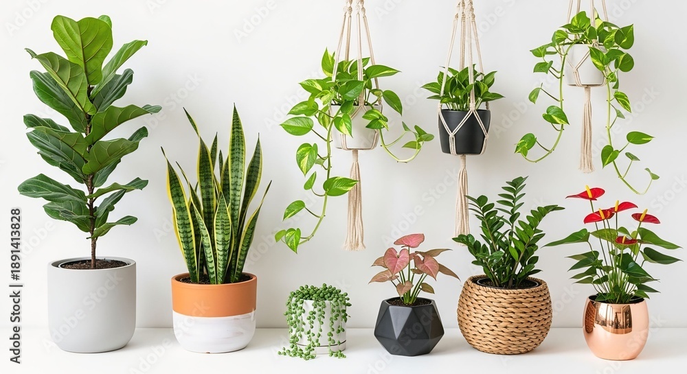 Fototapeta premium Collection of various houseplants in decorative pots including hanging plants and potted flora for home decor and interior design concepts