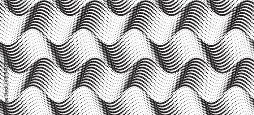 Black squares arranged in wavy vertical formations on white background. Abstract optical illusion pattern with varying size and density, creating depth, motion, and rhythmic visual flow.