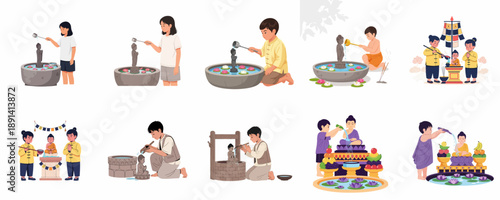Collection of Buddhist rituals illustrations: people bathing the Buddha statue, pouring water for purification, celebration, and spiritual reverence in traditional Asia.