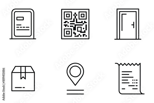 Delivery Icons: Scanner, QR Code, Door, Package, Location, Receipt