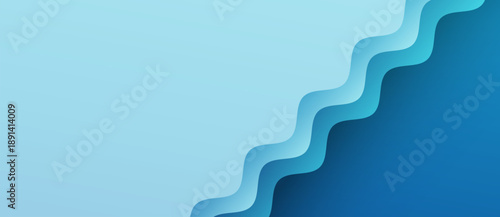 Abstract layered waves in gradient blue tones, forming a smooth transition from light to dark, sea concept. Minimalist digital background with fluid shapes, depth, and modern design aesthetics.