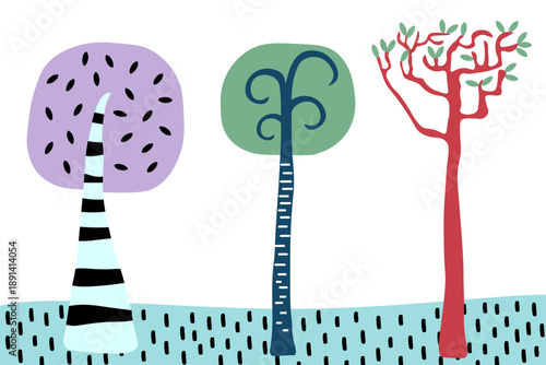 Set of forest elements. Three bright trees and forest glade. Forest, environment, nature. Isolated on white background. Flat design.