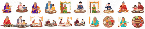 Intergenerational cultural heritage vector set featuring grandmothers and children preparing Indian festive sweets and Asian dumplings.