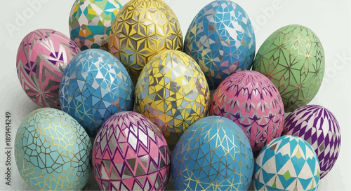 Colorful Easter Eggs Collection: An assortment of vibrantly decorated eggs, each adorned with unique patterns and metallic accents, creating a festive and artistic display for the holiday season.