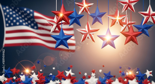 American Flag with Falling Stars and Light Effects