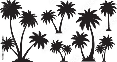 Set of black palm tree silhouettes vector isolated PNG with Transparent Background
