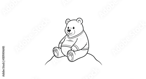 Simple black and white outline of a chubby teddy bear wearing a v-neck sweater, sitting patiently on a small hill.