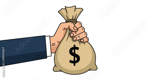 Cartoon of a businessman's hand holding a tied burlap money bag with a large dollar sign, representing wealth or payment.