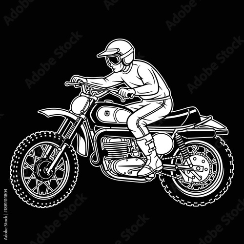 Vintage Motocross Rider on Dirt Bike Illustration.