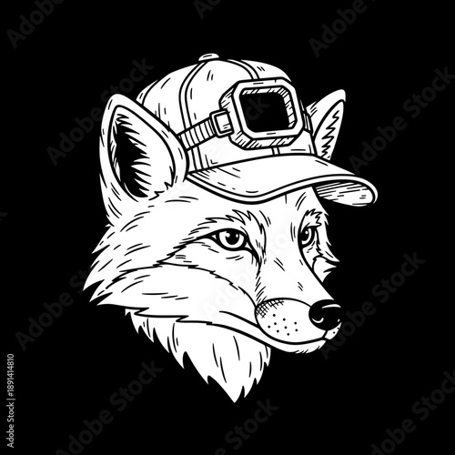 Intricate black and white illustration of a fox wearing a unique cap with a square buckle.