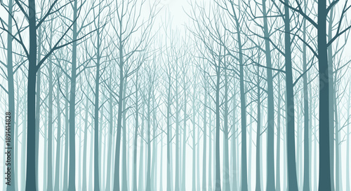 Misty winter forest background with silhouettes of bare trees, creating a serene, cold, and mysterious atmospheric landscape.