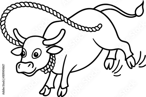 lassoed bull bucking fiercely, dynamic line art illustration of rodeo and cattle wrangling