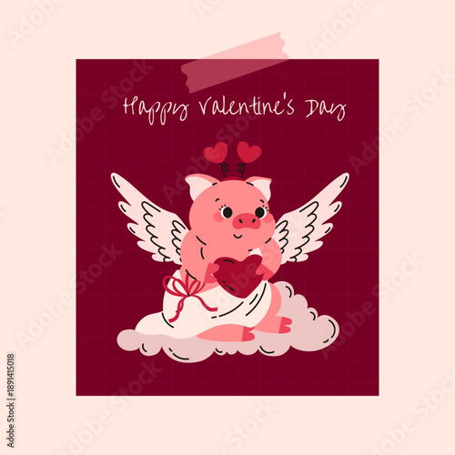 Cute pink pig with wings. Valentine's Day. Greeting card. Romantic holiday. February 14. Love. Heart, cloud and red ribbon. Cartoon character. Vector illustration.