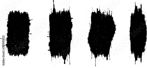 Black ink splatters and grunge textures with rough edges on white background