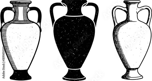 Three ancient greek amphora vases classic pottery vessels with two handles, vintage illustration