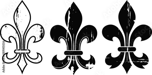 set of three vintage fleur de lis symbols with distressed texture and black silhouettes
