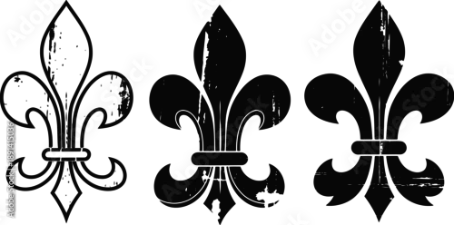 Obraz set of three vintage fleur de lis symbols with distressed texture and black silhouettes