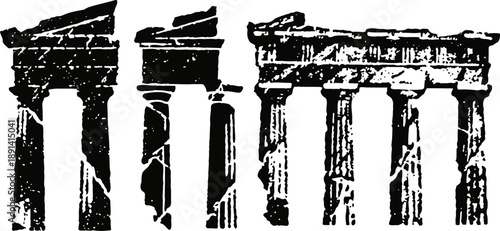 Ancient greek temple ruins with classical columns in black and white distressed