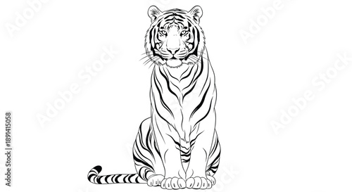 A majestic tiger sitting and looking forward, depicted in a detailed black and white line art style, suitable for coloring or as a standalone illustration.