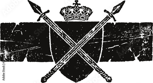 Vintage heraldic emblem with crossed spears, shield, and royal crown design