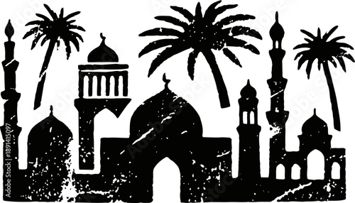Silhouette of middle eastern architecture with domes, minarets, and palm trees in black and white