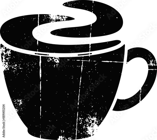 Steaming hot coffee cup silhouette with grunge texture for beverage and cafe concept