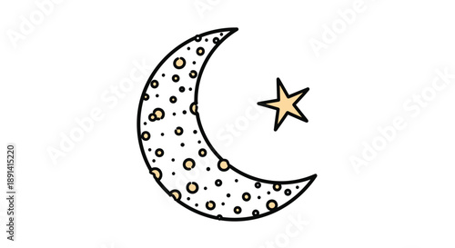 A charming and whimsical hand-drawn doodle of a cratered crescent moon next to a single yellow star, on a clean white background.