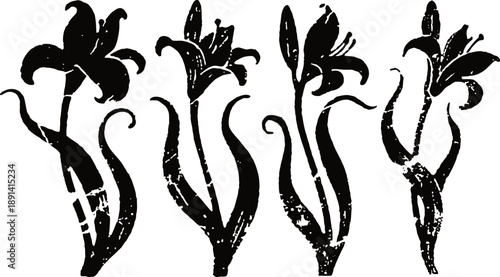 Black floral silhouettes set with four distinct blooming flowers and curved leaves design