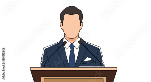 A faceless illustration of a professional businessman in a suit and tie standing at a podium with two microphones, giving a speech or presentation.