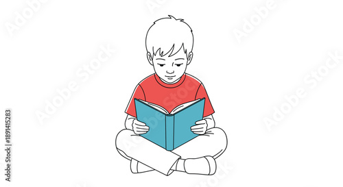 A line art illustration of a young boy with a red shirt sitting cross-legged on the floor, deeply engrossed in reading a blue book.