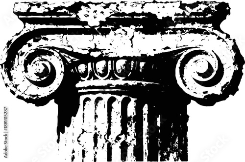 Ancient ionic column capital with fluted shaft and volute scrolls in black and white distressed