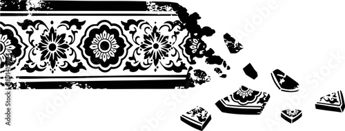 Traditional broken ceramic tiles with black floral design and decorative border pattern