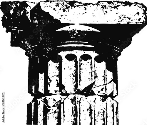 Ancient cracked stone column capital with fluted shaft in classical architectural