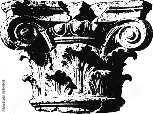 Classical corinthian architectural capital with acanthus leaves and volutes in black and white illustration