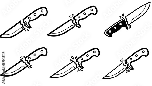 Set of Six Illustrations of Knives with Serrated Blades.