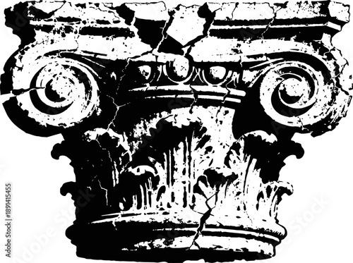 Ancient cracked ionic column capital with decorative volutes and acanthus leaves detail